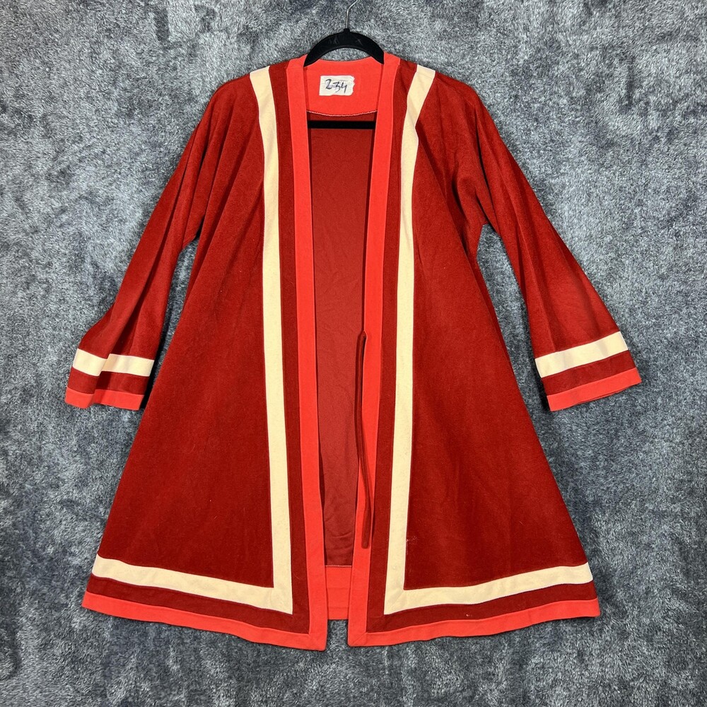 Vintage Vanity Fair Robe Womens Medium Red Velour Kimono Stripe Belted Lounge